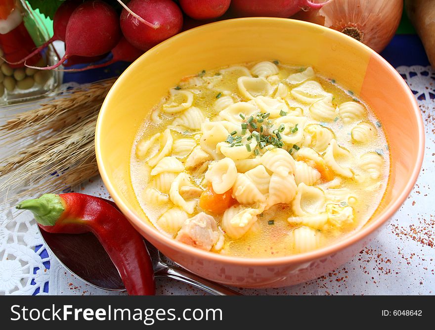 Chickensoup with noodles and vegetables