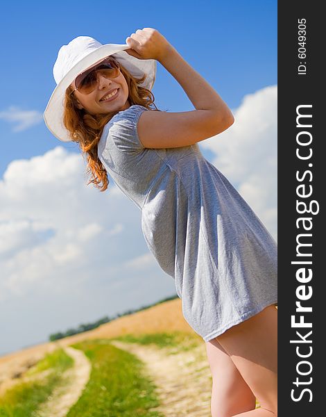 Girl With White Hat And Sunglasses