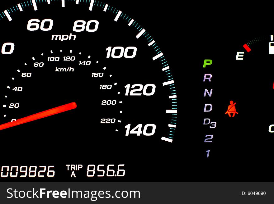 Closeup of a car speedometer in Park