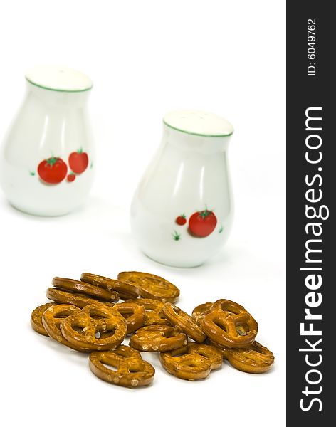 Many little pretzels on the white background