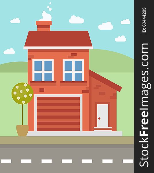 Colorful  red flat house with  garage, Vector illustration. Colorful  red flat house with  garage, Vector illustration