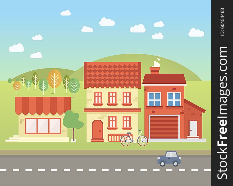 Small town's street, with transport and trees. Vector illustration. Small town's street, with transport and trees. Vector illustration