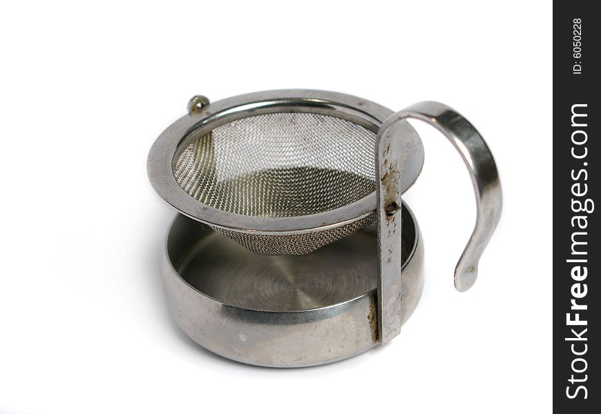 Chromed stainer and cup, on a white background