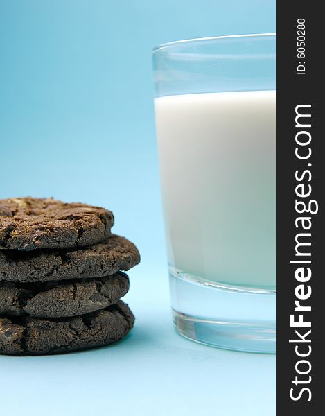 Choc chip cookies and a glass of milk. Choc chip cookies and a glass of milk