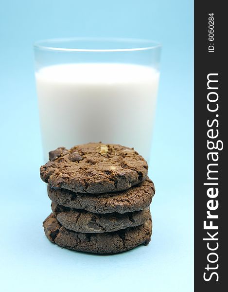 Choc chip cookies and a glass of milk. Choc chip cookies and a glass of milk