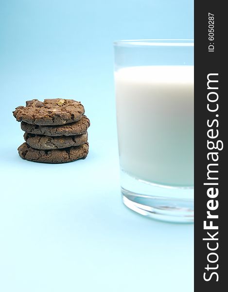 Choc chip cookies and a glass of milk. Choc chip cookies and a glass of milk