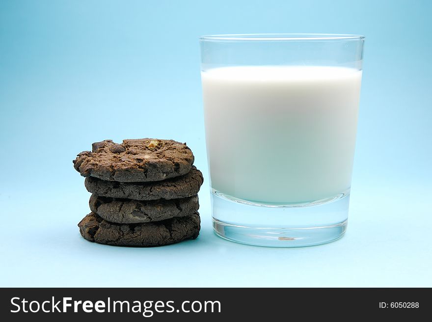 Choc chip cookies and a glass of milk. Choc chip cookies and a glass of milk