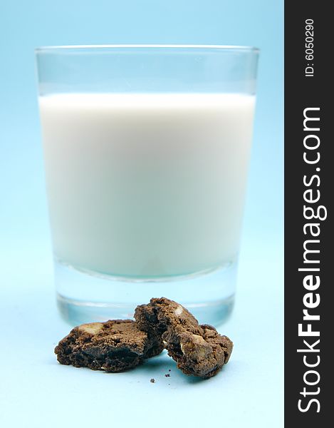 Choc chip cookies and a glass of milk. Choc chip cookies and a glass of milk