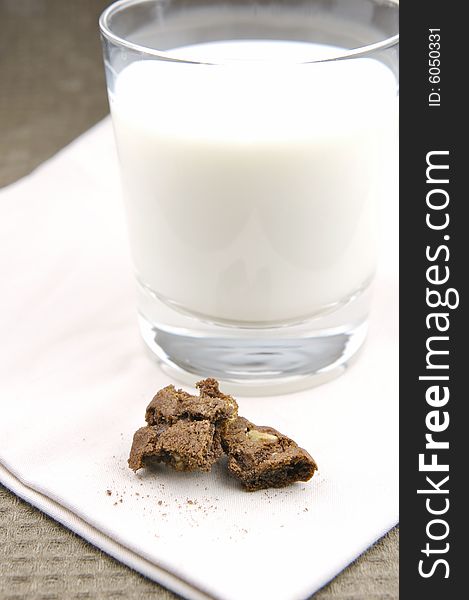 Choc chip cookies and a glass of milk. Choc chip cookies and a glass of milk