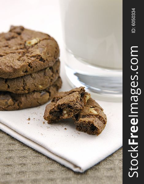 Choc chip cookies and a glass of milk. Choc chip cookies and a glass of milk