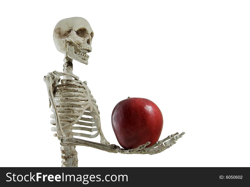 Skeleton holding an apple in his hand, isolated on white. Skeleton holding an apple in his hand, isolated on white