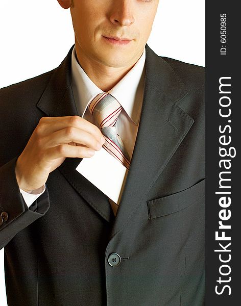 Young businessman holding blank visit card. Backside. Isolated. Young businessman holding blank visit card. Backside. Isolated.
