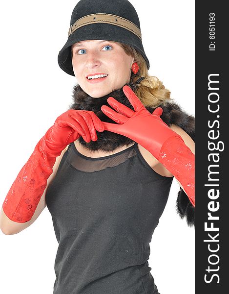 Beautiful young woman takes off the glove