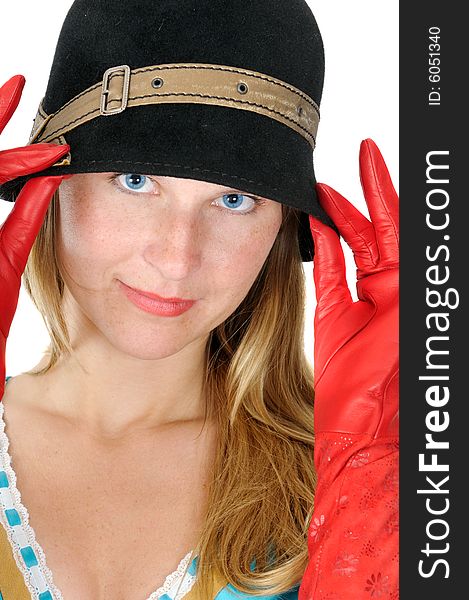 Pretty young woman in brown hat, isolated on white