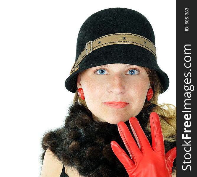 Cheerful young woman in brown hat