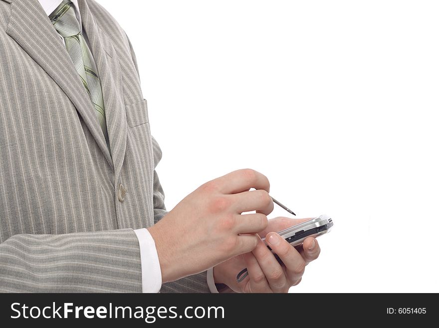 Businessman working with pda, hands and body with white background, copy space for the text