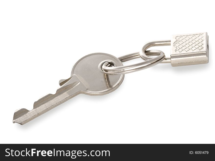 Isolated metal silver key with lock, white background