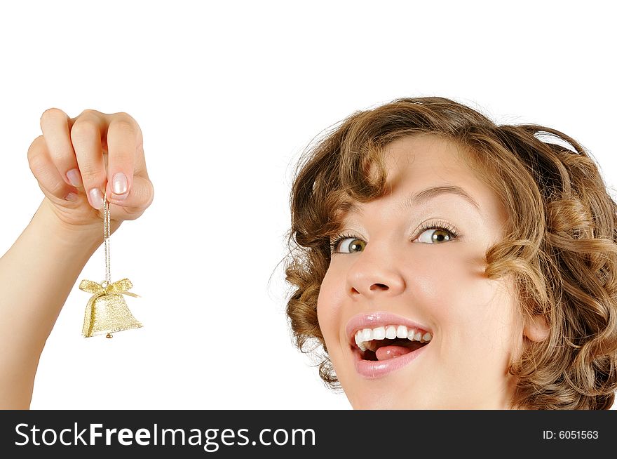 Pretty curly girl with bell, isolated on white