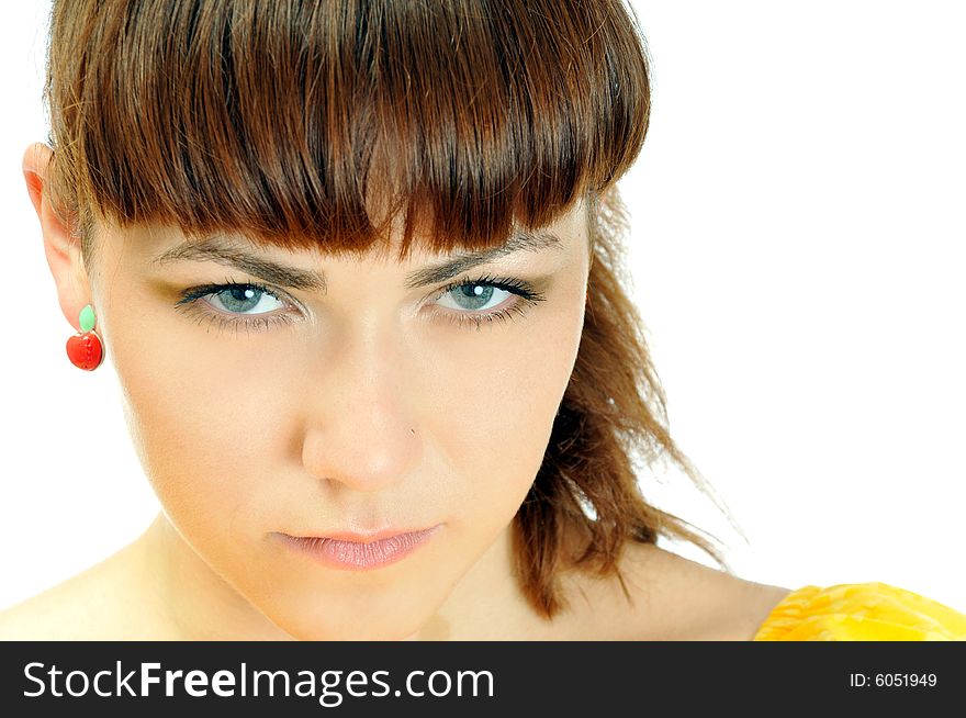 Portrait of mysterious young woman, isolated on white