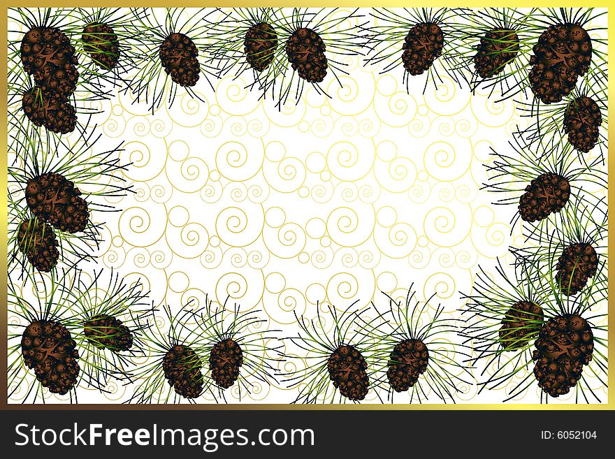 White background with golden spirals and pine cones. White background with golden spirals and pine cones