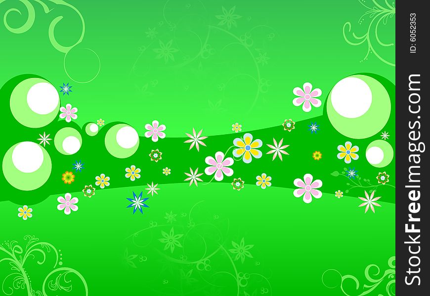 Green abstract background with flowers and shapes