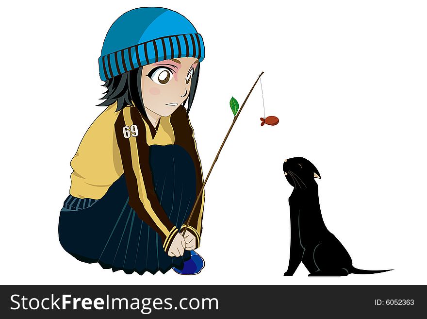 Illustration of a girl feeding a black cat. Illustration of a girl feeding a black cat