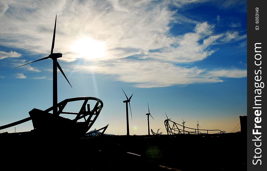 Under sunlight reflection windmill and Ship's strut