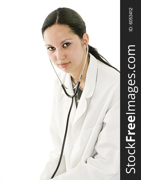 Young woman in white uniform. Young woman in white uniform