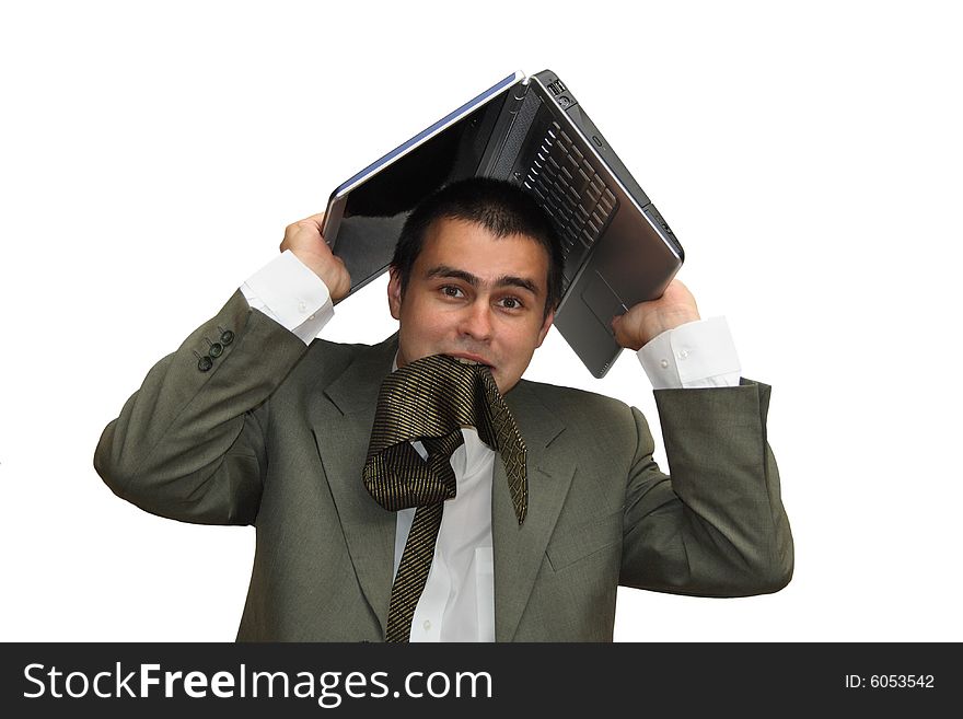 Businessman holding laptop over his head and eating his cravat on white background. Businessman holding laptop over his head and eating his cravat on white background