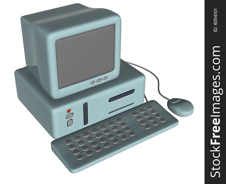 3D isolated blue computer with keyboard and mouse maked in cartoon style