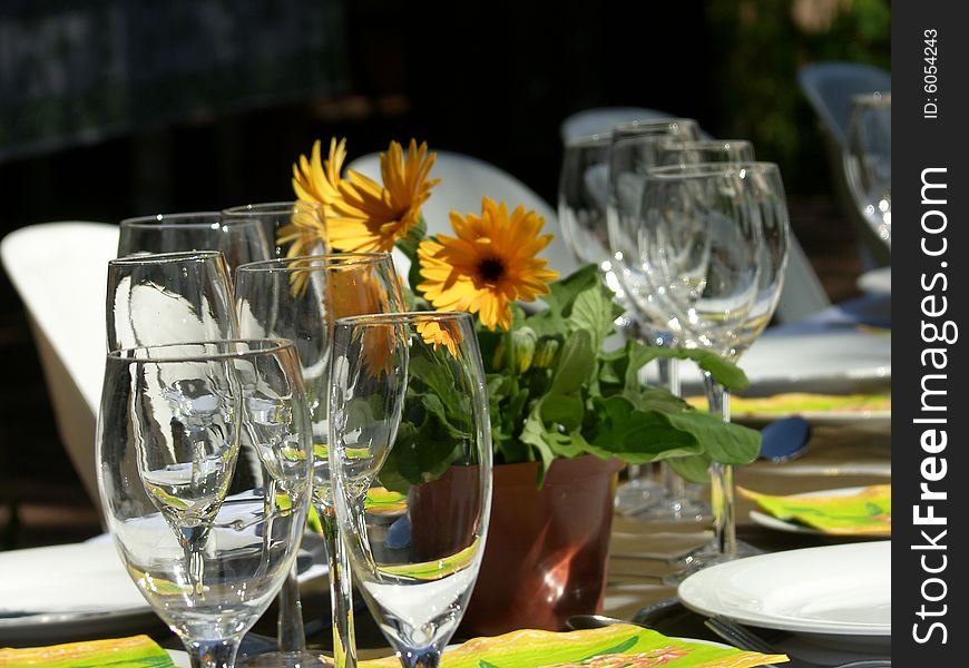 WIne glasses at sumemr table setting. WIne glasses at sumemr table setting