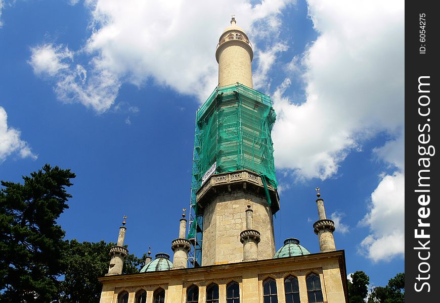 Park pavilion in shape of a  minaret in the park of Lednice Chateau in Moravia, Czech Republic