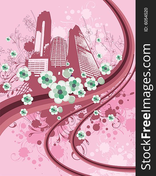 Cityscape background with a bunch of flowers. Vector illustration.