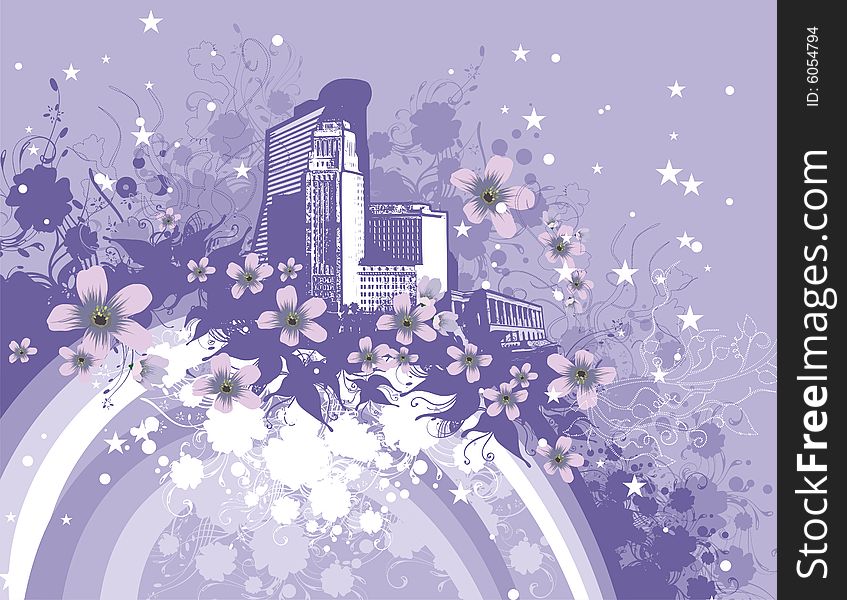 Floral cityscape background with grunge details. Vector illustration. Floral cityscape background with grunge details. Vector illustration.