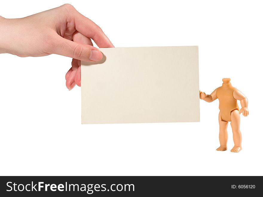 Hand and a doll holding together a white paper card (isolated on white). Hand and a doll holding together a white paper card (isolated on white)