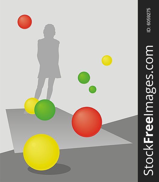 Composition from a figure of the person and color spheres. Spheres fly in air. The lonely figure costs on the distant plan. Composition from a figure of the person and color spheres. Spheres fly in air. The lonely figure costs on the distant plan.