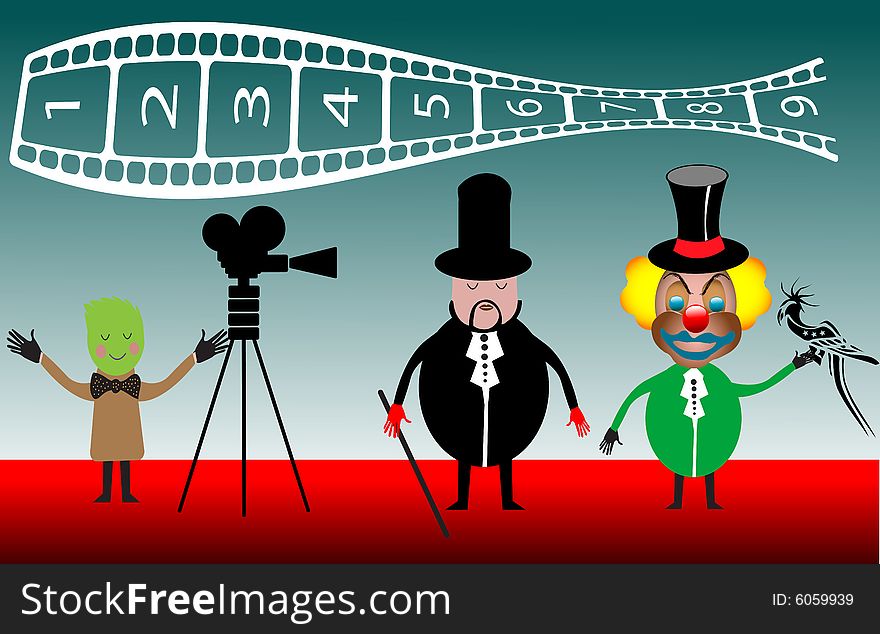 Abstract colored image with magician and clown in front of a camera filming for a movie. Abstract colored image with magician and clown in front of a camera filming for a movie