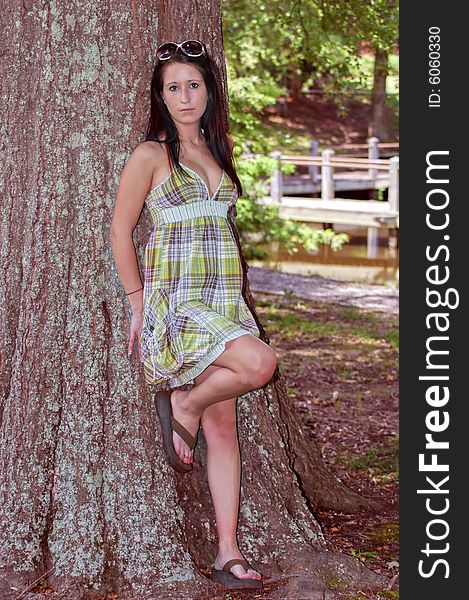 A young lady poses by a tree. A young lady poses by a tree