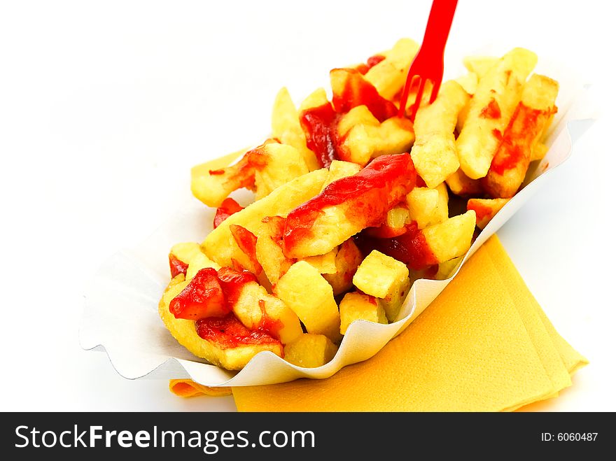 French Fries With Ketchup - Isolated On White Back