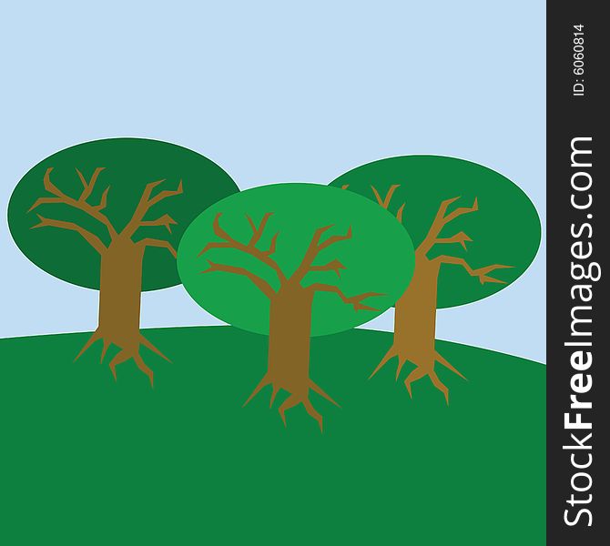 Illustration of three trees on a field during a summer day. Illustration of three trees on a field during a summer day