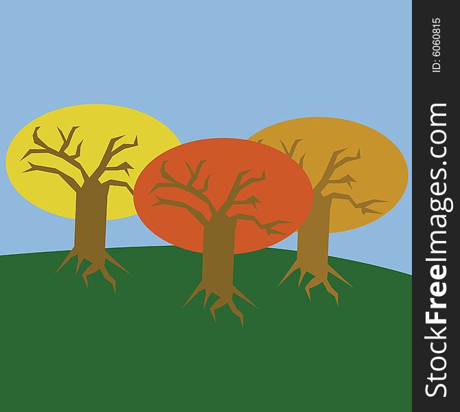 Illustration of three trees on a field during a fall day. Illustration of three trees on a field during a fall day