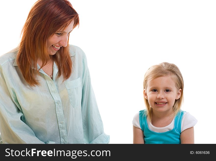 Mum and daughter. White backgrond