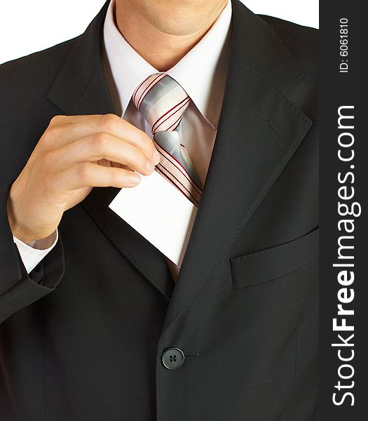 Young businessman holding blank card