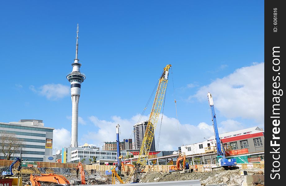 Construction site with blue sky and modern building background