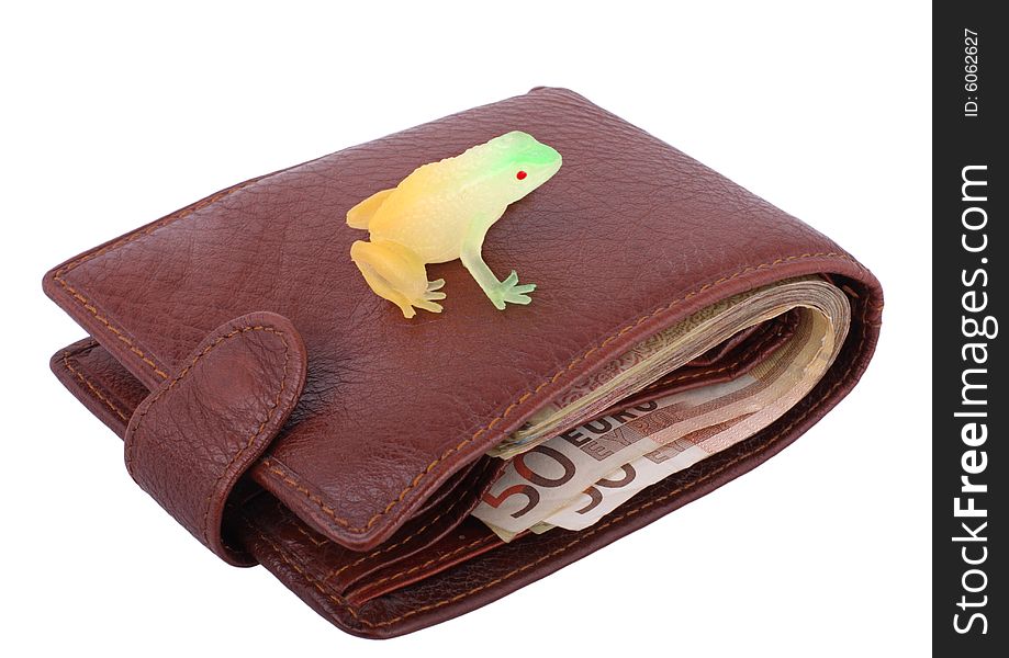 Wallet with toy frog isolated on white background. Wallet with toy frog isolated on white background