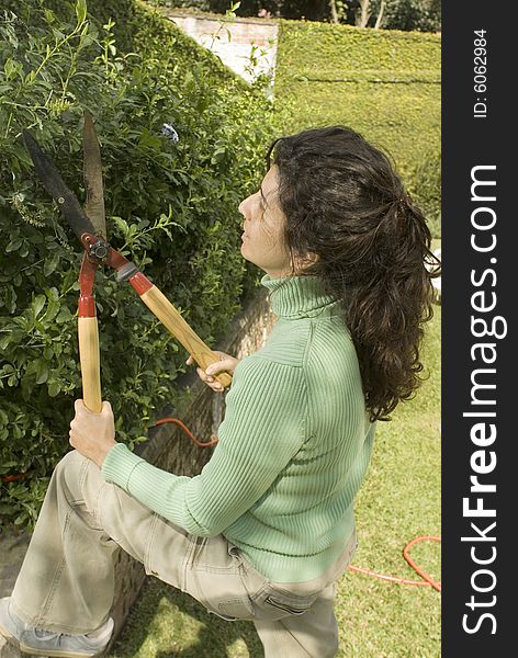 Woman sitting down trimming a hedge.  Vertically framed photo. Woman sitting down trimming a hedge.  Vertically framed photo.