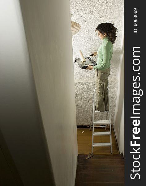 Woman standing on a ladder holding a paint roller and tray. Vertically framed photo. Woman standing on a ladder holding a paint roller and tray. Vertically framed photo.