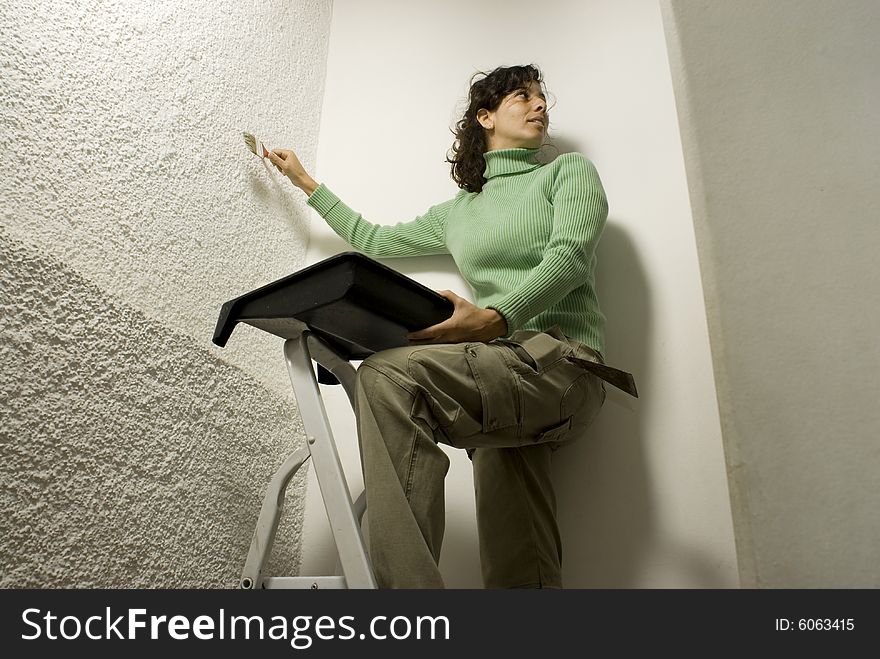 Woman standing on a ladder holding a tray of tools scraping a wall. Horizontally framed photo. Woman standing on a ladder holding a tray of tools scraping a wall. Horizontally framed photo.