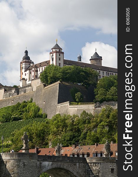 Fortress Marienberg with Old Main Bridge in foreground, in Wurzburg, Germany