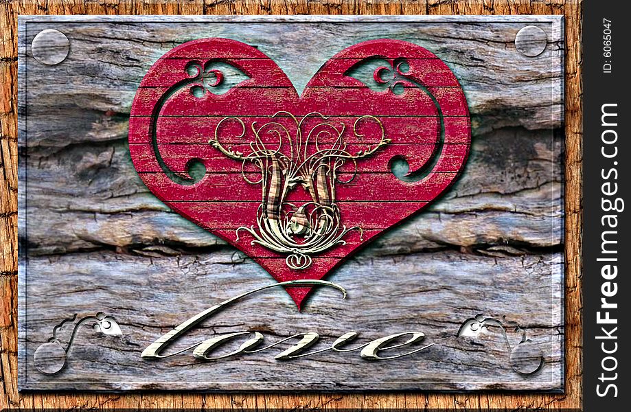 Great creative abstract colorful portrayal of red wooden heart on a wooden background and inscription love. Great creative abstract colorful portrayal of red wooden heart on a wooden background and inscription love.